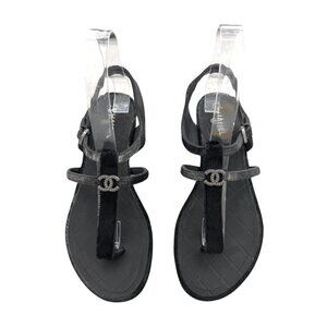 Chanel interlocking CC fur leather black thong sandals size  38